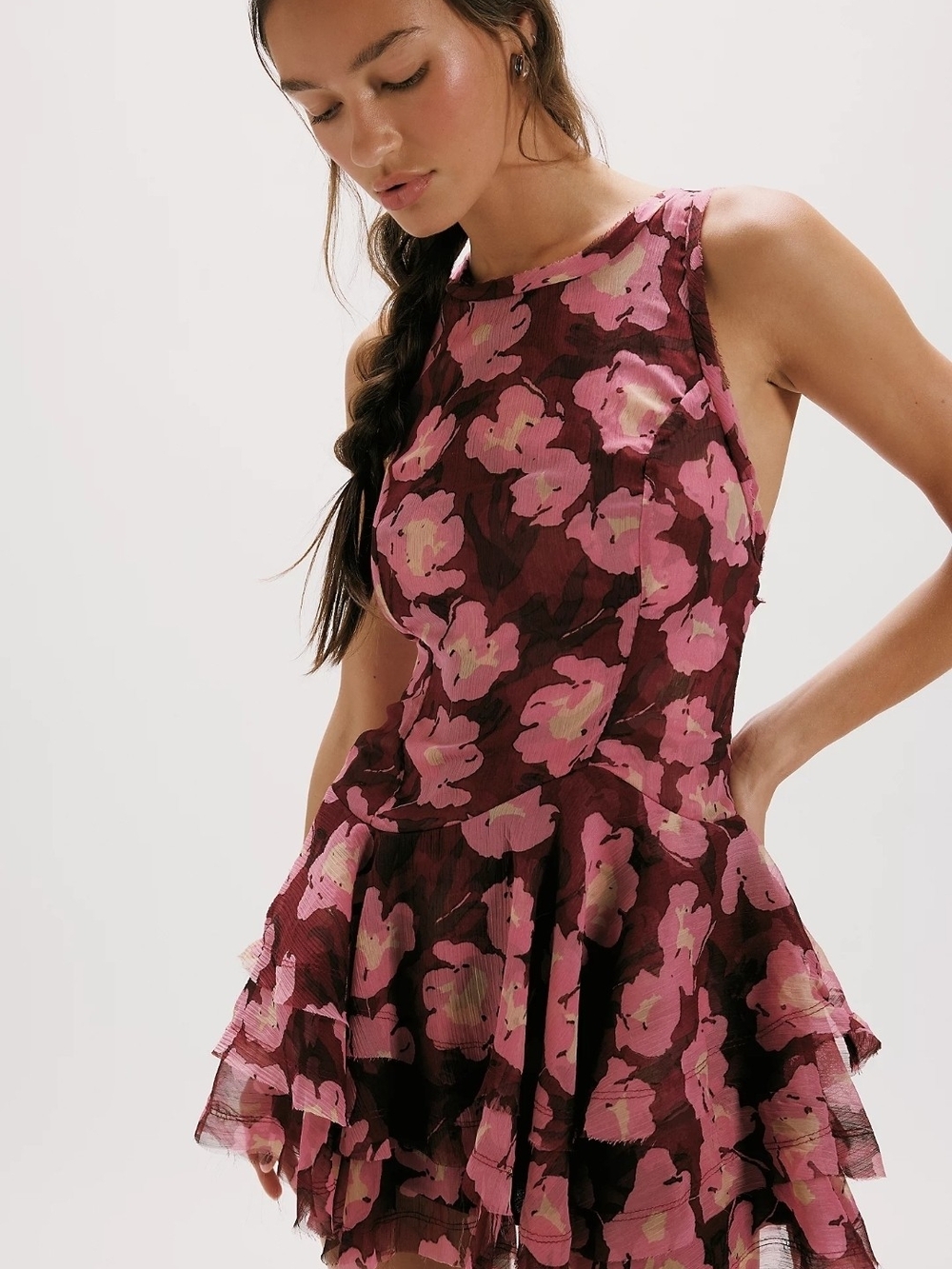 NWT Free People Raven Printed Mini Dress Floral Ruffle Pink Burgundy Size S